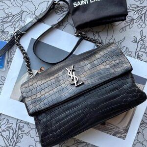 Yves Saint Laurent Hollywood black and silver crocodile-embossed shoulder bag